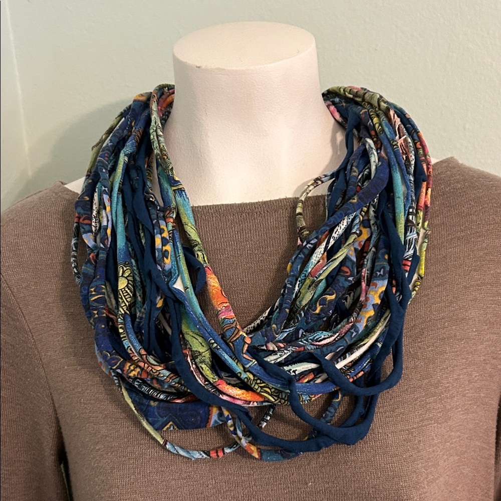 Multi-Strand Blue Patterned Fabric Infinity scarf… - image 1